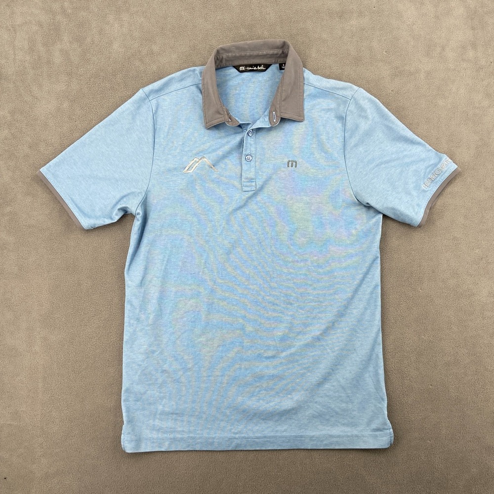 TravisMathew Polo Shirt Mens Small Blue Rennovate Embroidered Contrasting Collar
